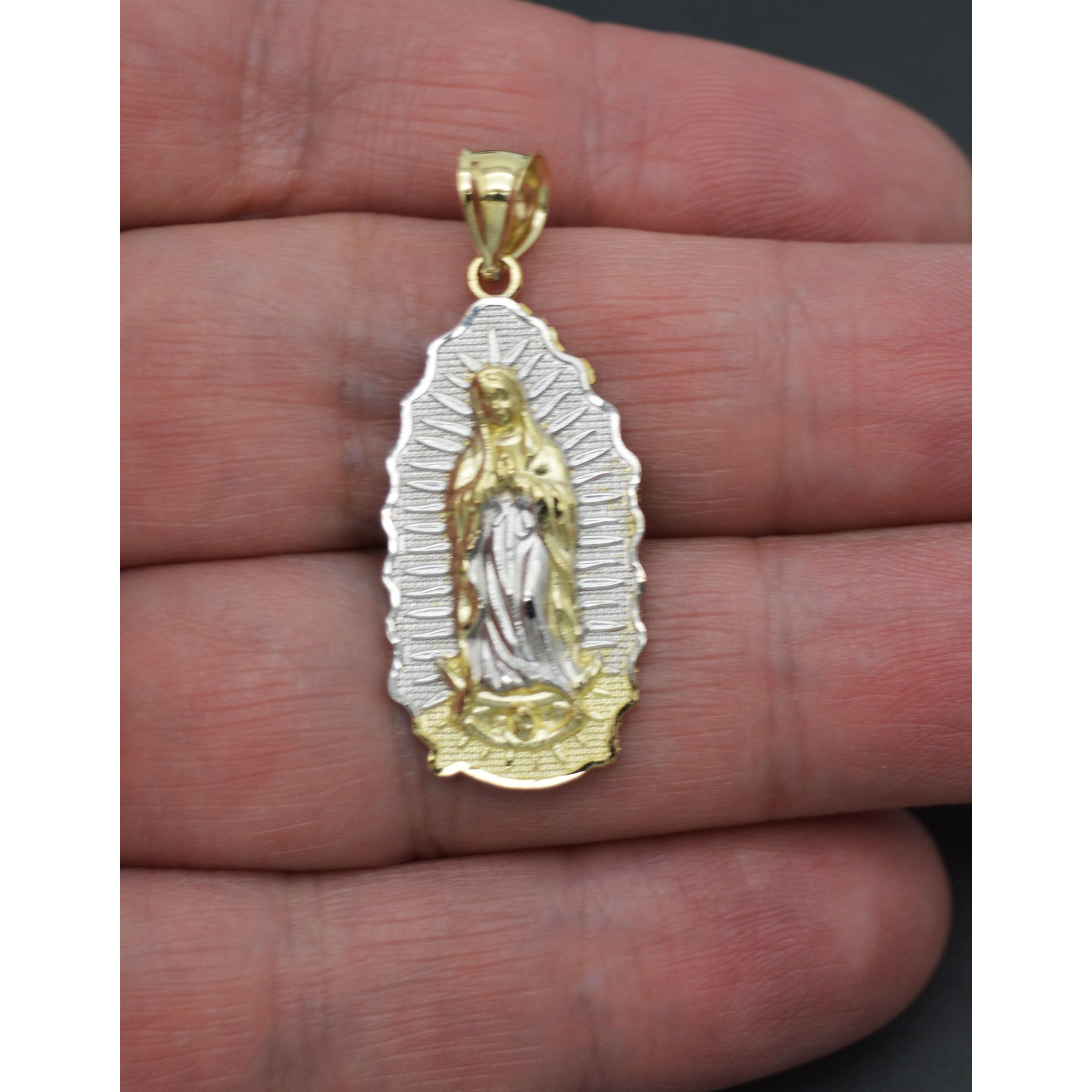 Real 10k Yellow-White Gold Lady Guadalupe Virgin Mary Medallion Pendant 27gr 388$